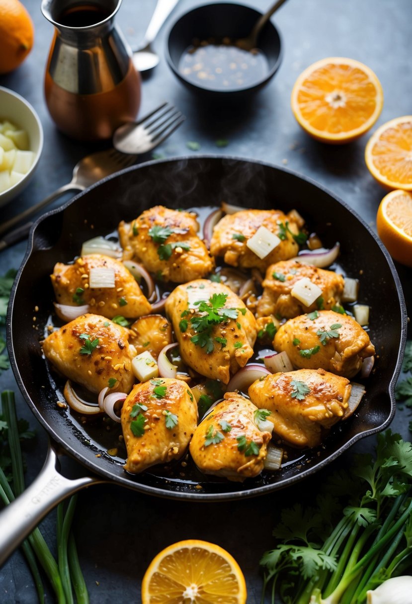 A sizzling skillet of Chicken Bistek with onions, soy sauce, and citrus, surrounded by fresh ingredients and cooking utensils