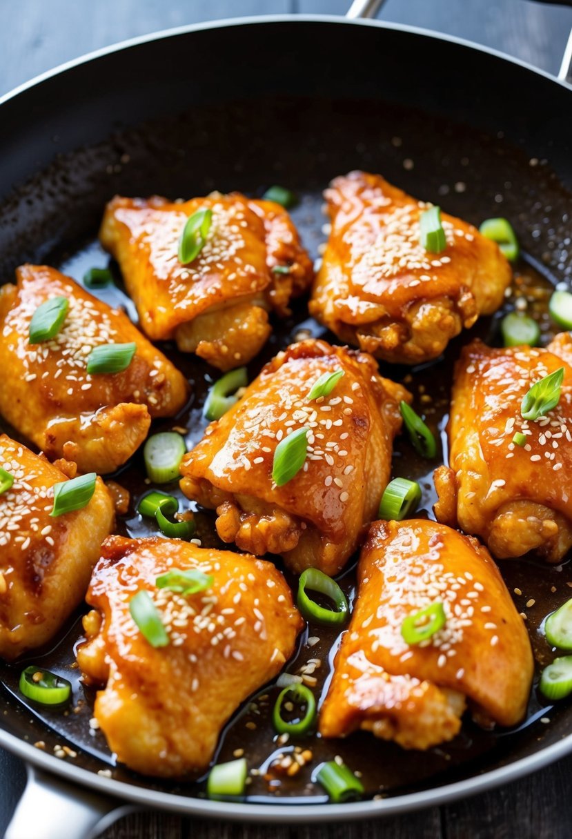 A sizzling pan of golden-brown chicken pieces coated in a sticky, glossy sauce, garnished with sesame seeds and sliced green onions