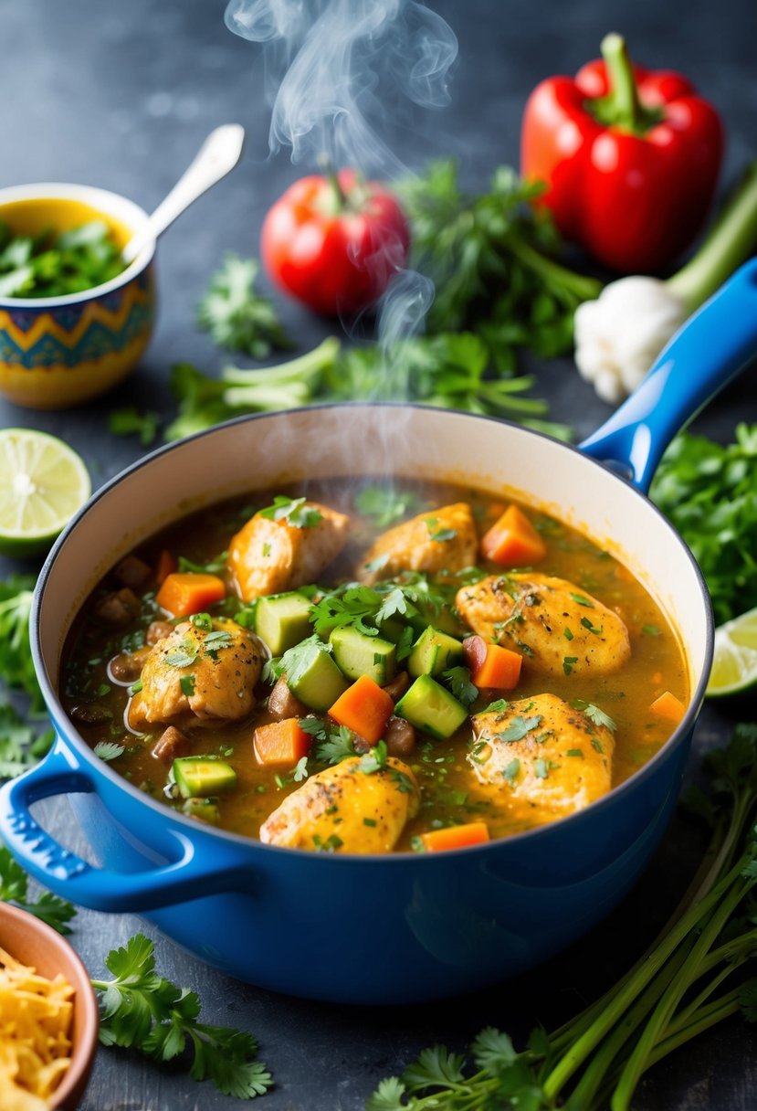 A steaming pot of Mexican-inspired chicken stew surrounded by fresh vegetables and herbs, all under 500 calories