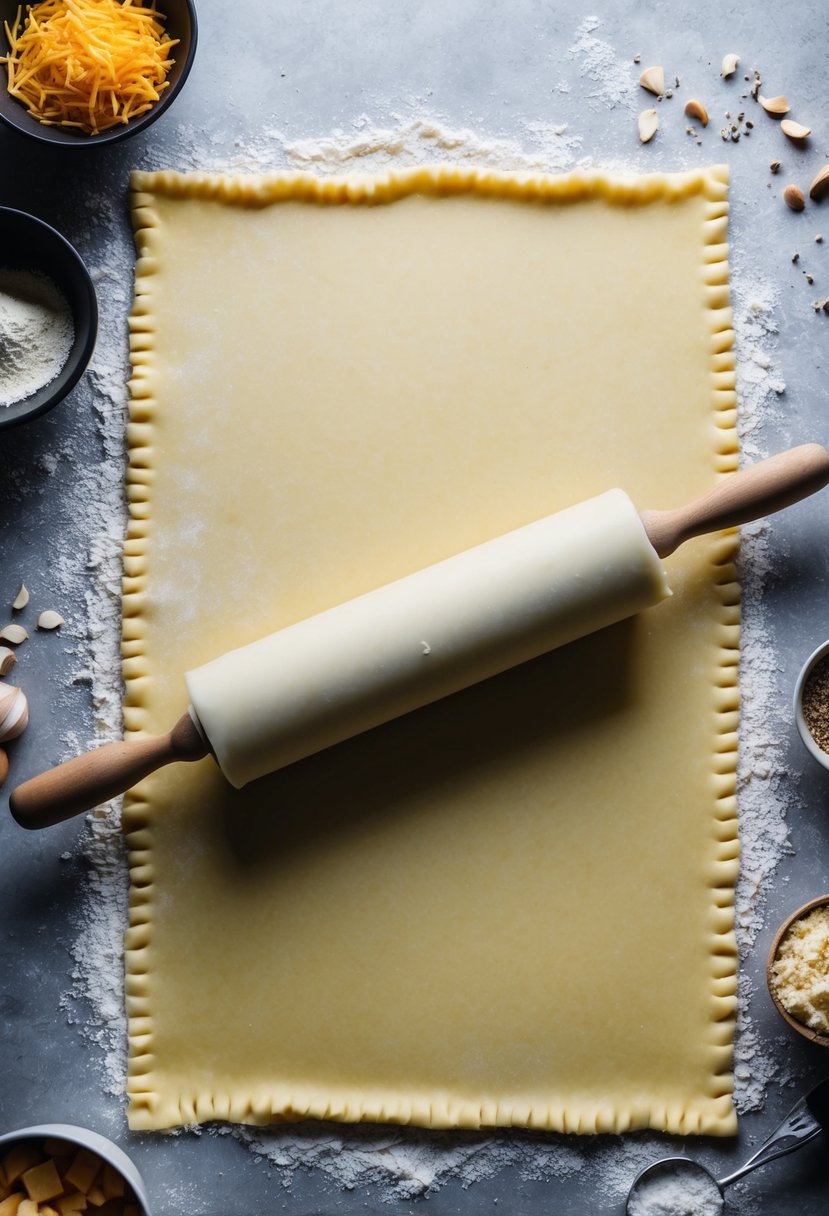 A puff pastry sheet being rolled out on a floured surface, with a rolling pin and various ingredients scattered around