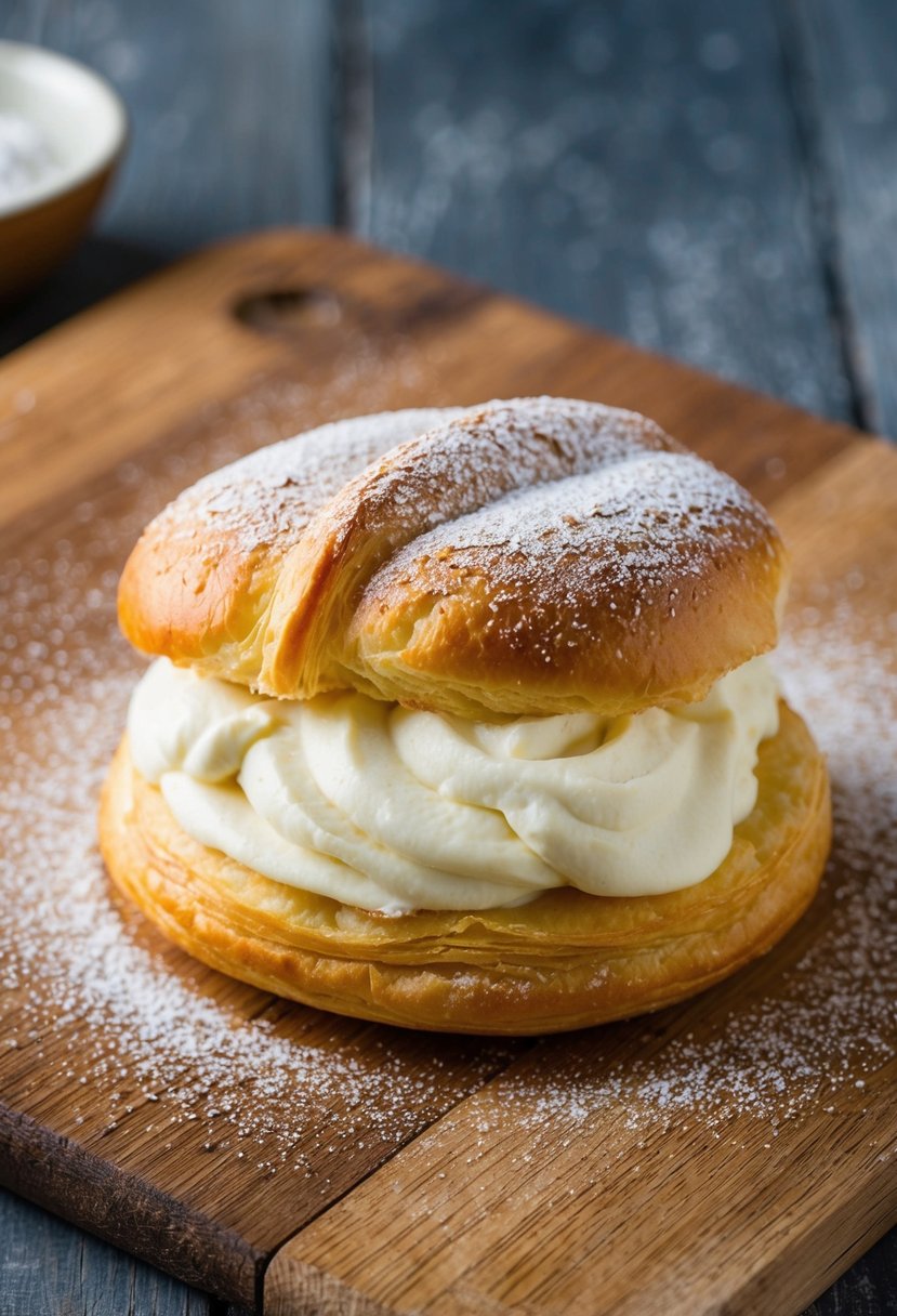 A golden-brown puff pastry filled with creamy, rich cream cheese, sprinkled with a dusting of powdered sugar, sitting on a rustic wooden cutting board