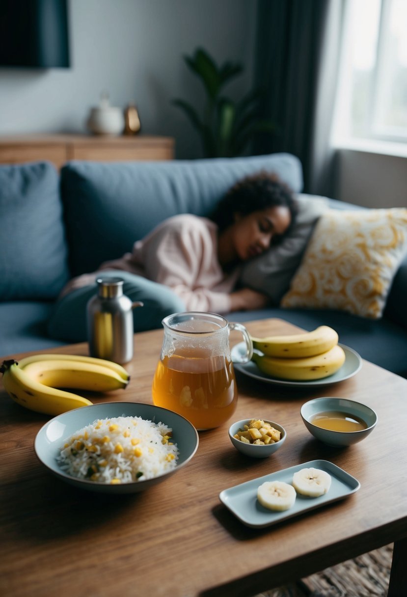 A table filled with ginger tea, rice, and bananas. A person curled up on the couch with a hot water bottle