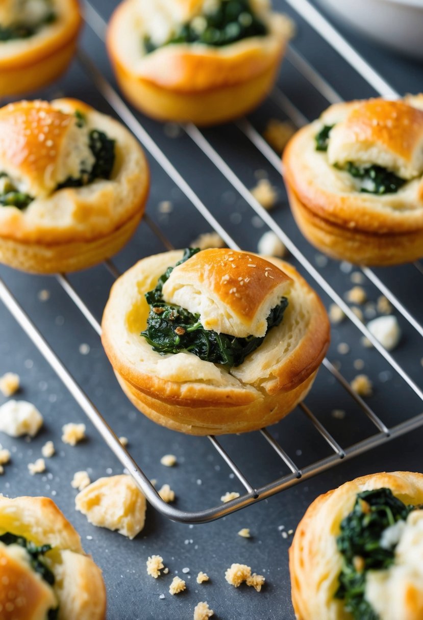 Golden-brown spinach and feta puffs cooling on a wire rack, surrounded by scattered flaky pastry crumbs