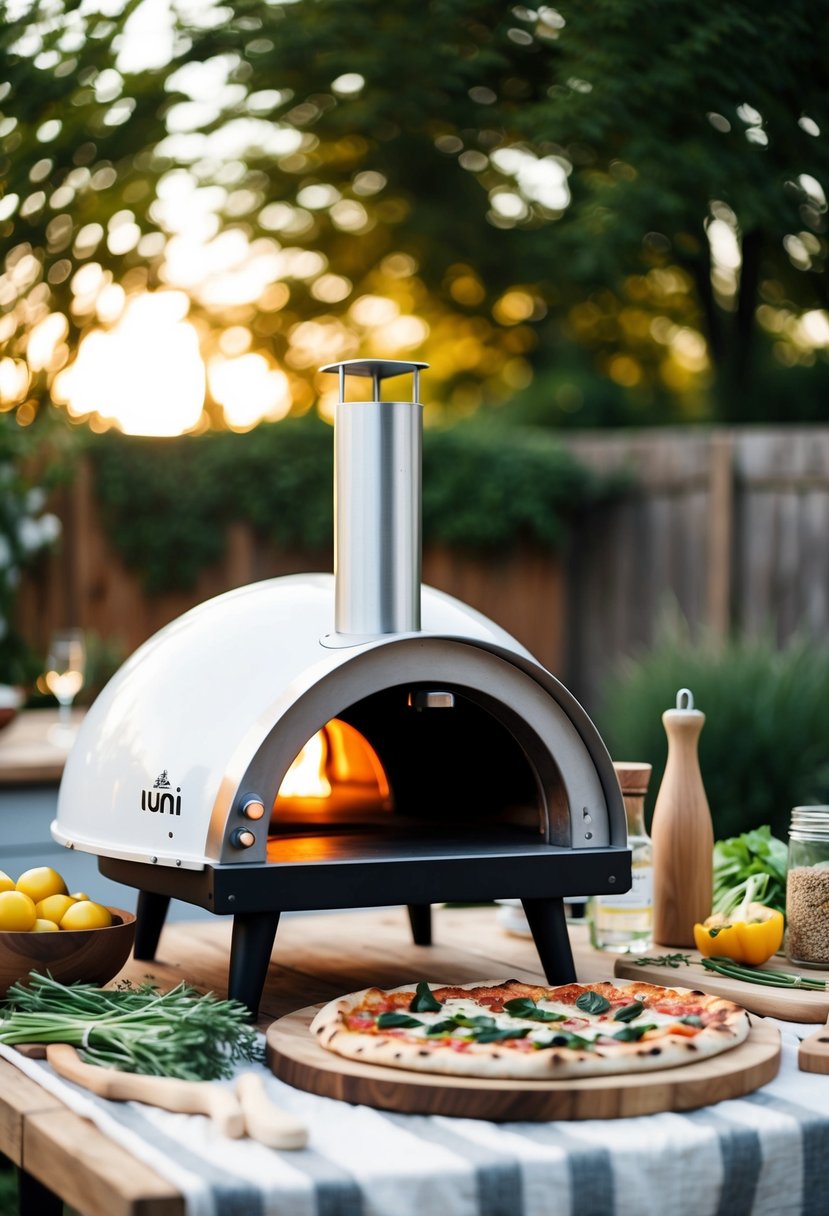 A rustic outdoor kitchen with a Uuni pizza oven, surrounded by fresh ingredients and a wood-fired pizza in the oven