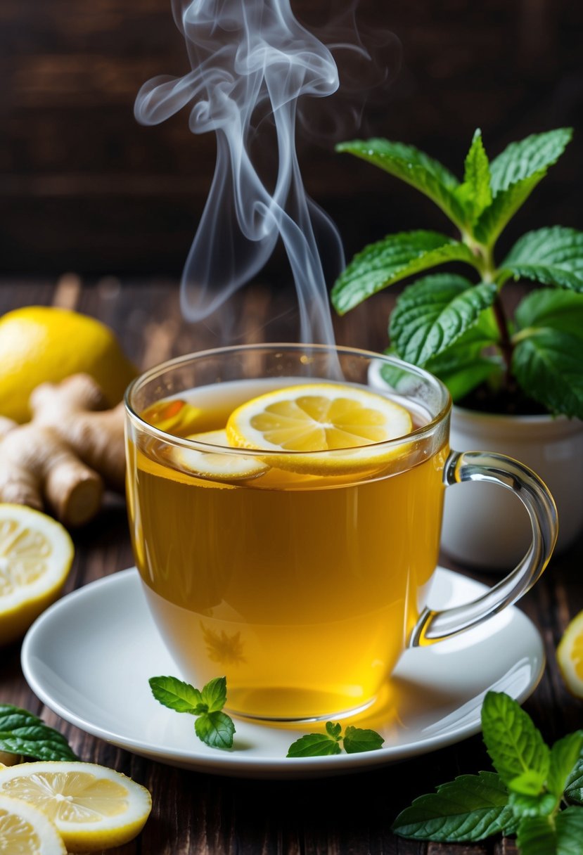 A steaming cup of ginger tea surrounded by fresh ginger root, lemon slices, and a peppermint plant