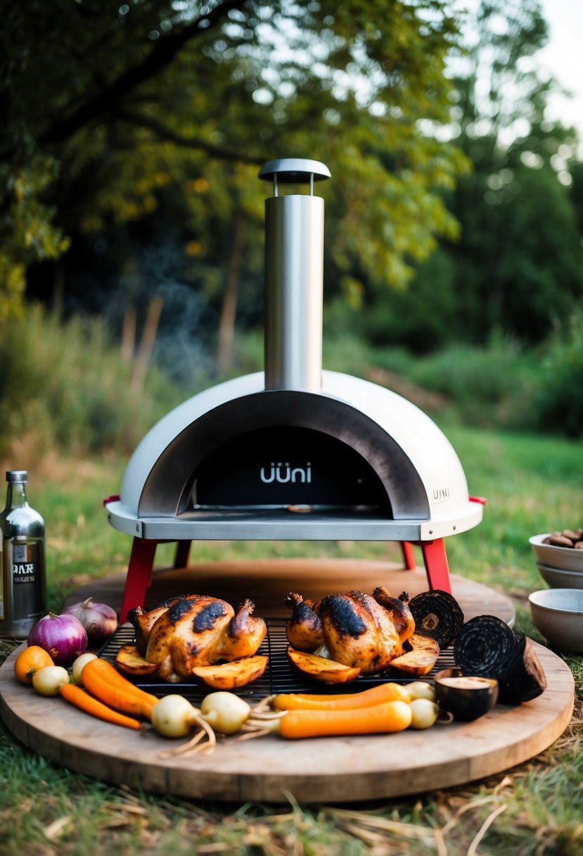 A rustic outdoor scene with a uuni pizza oven surrounded by charcoal-roasted chicken and colorful root vegetables