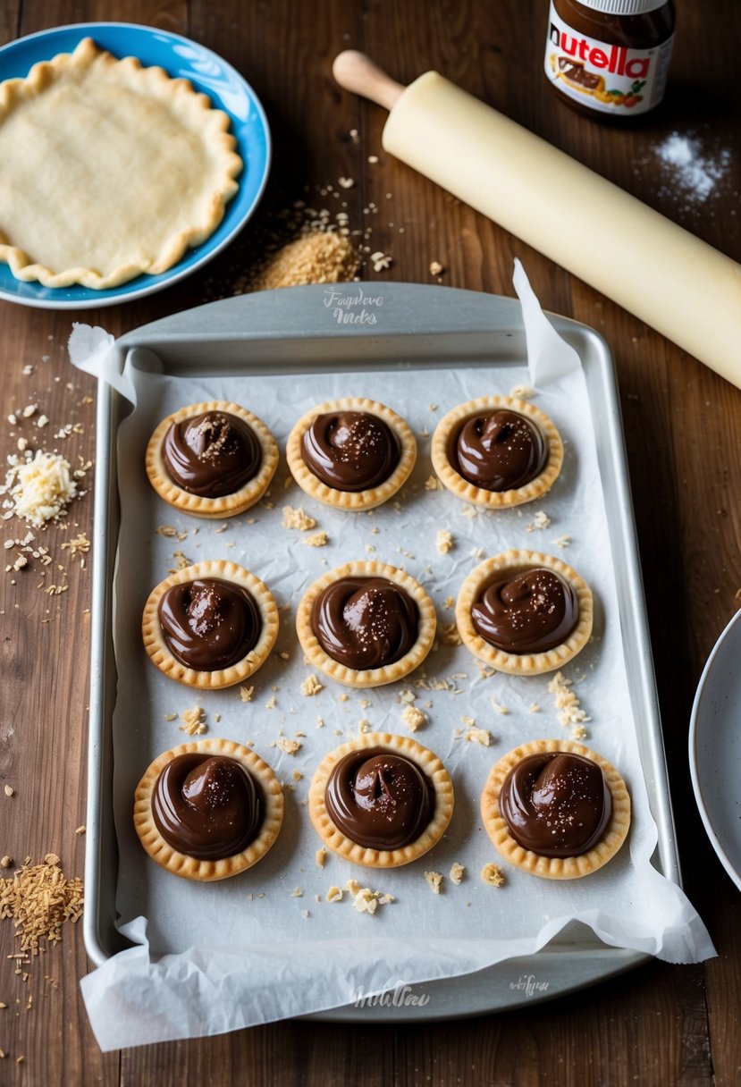 A table set with freshly baked Nutella hand pies on a parchment-lined baking sheet, surrounded by scattered ingredients and a rolled-out puff pastry sheet