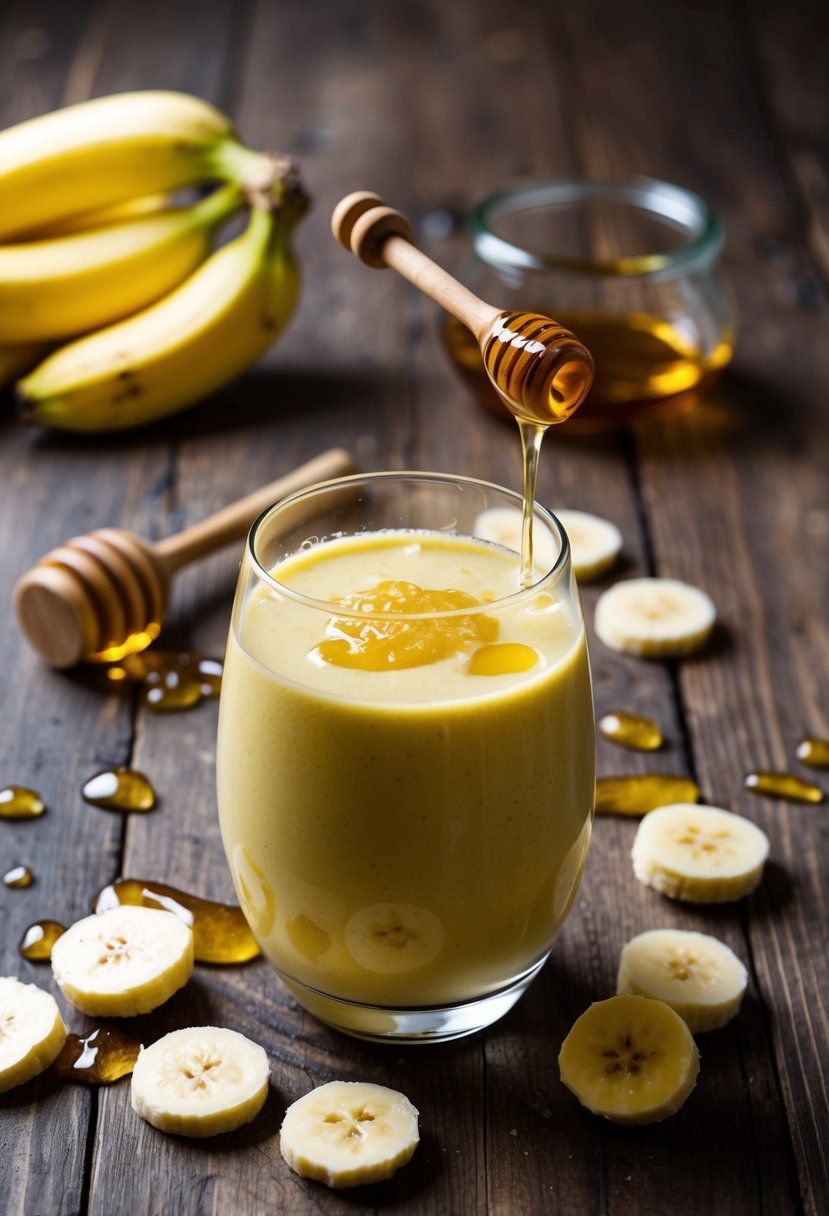 A glass filled with a yellow banana and honey smoothie, surrounded by scattered banana slices and a drizzle of honey on a wooden table