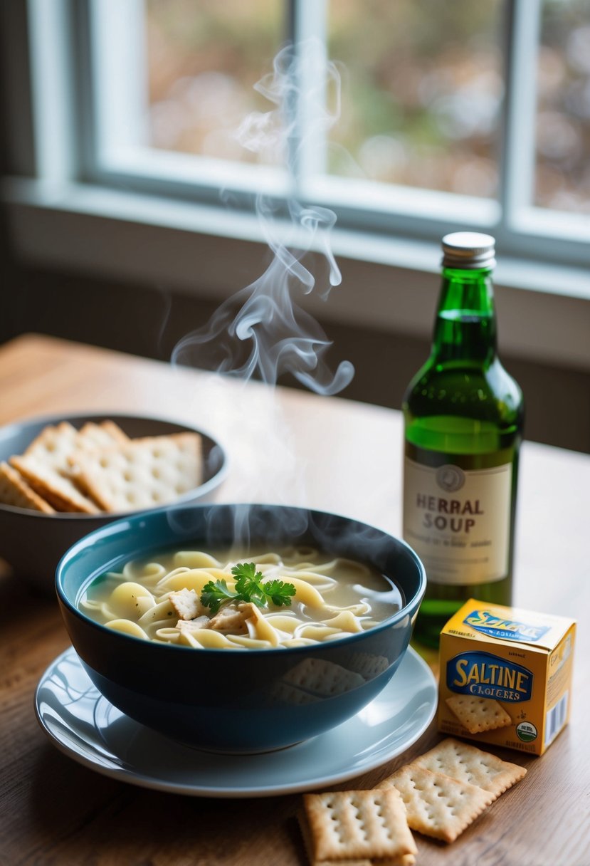 A steaming bowl of chicken noodle soup sits on a table next to a bottle of stomach-soothing herbal tea and a box of saltine crackers