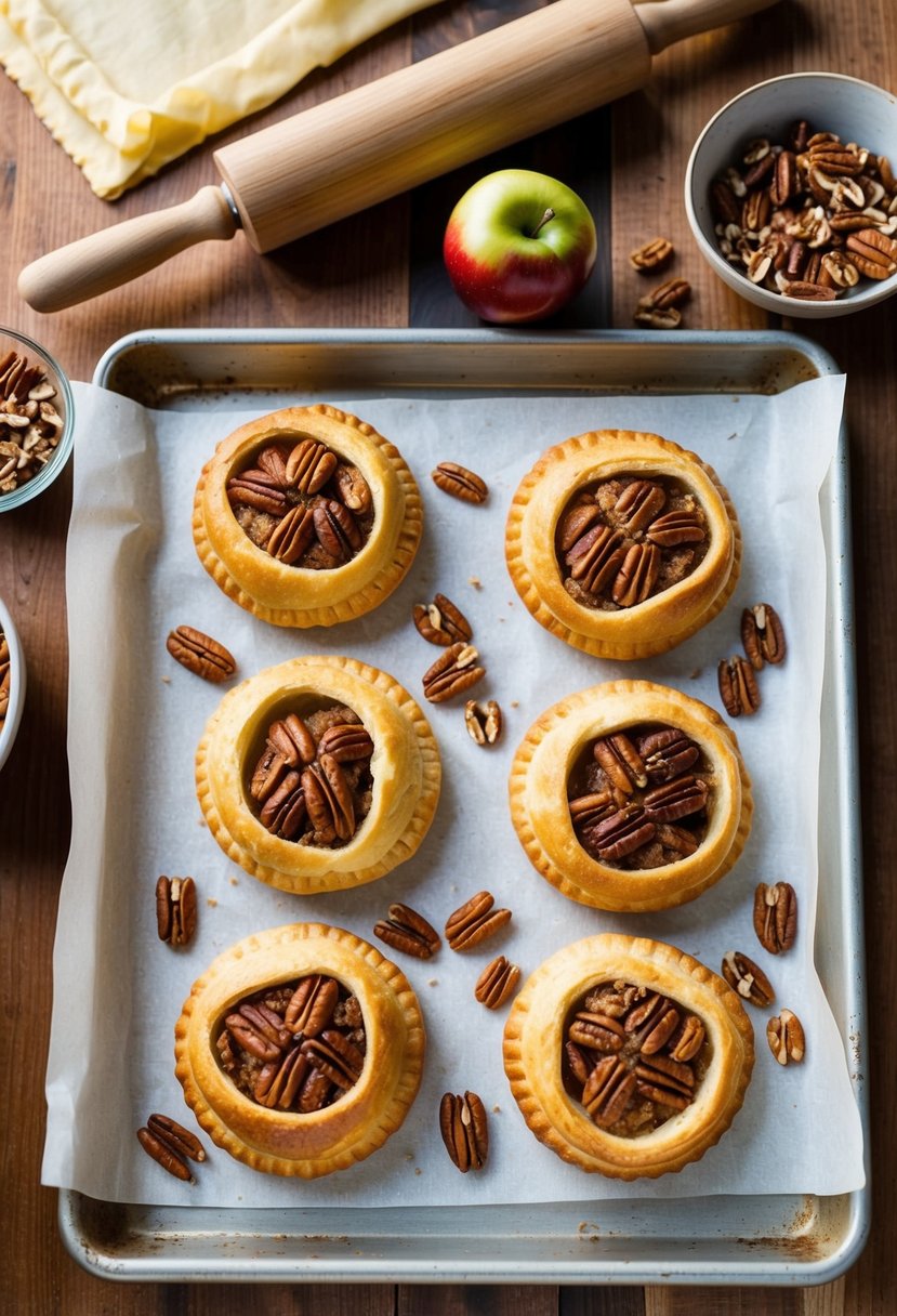 A wooden table with freshly baked apple pecan pastries on a parchment-lined baking sheet. A rolling pin, bowl of chopped pecans, and a puff pastry sheet are nearby