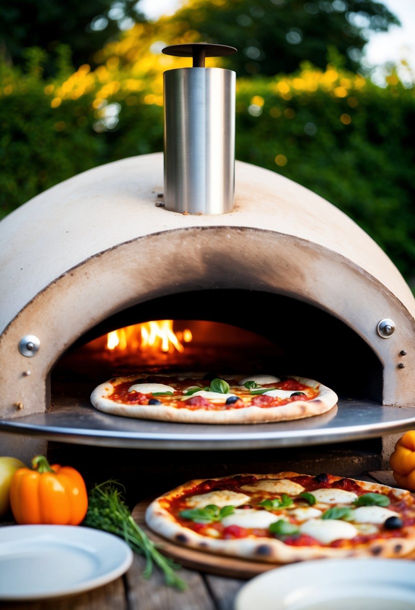 A rustic outdoor pizza oven with a bubbling sourdough pizza baking inside, surrounded by fresh ingredients and a warm, inviting atmosphere