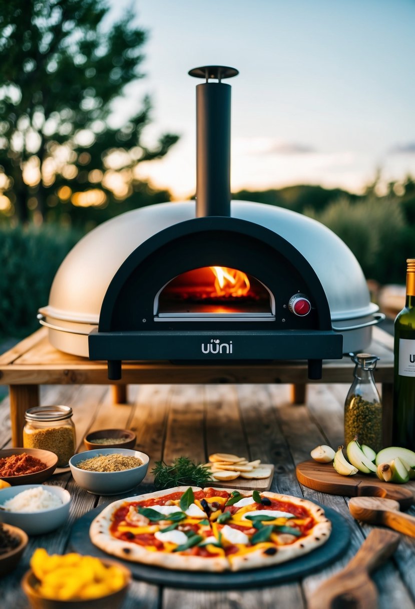 A rustic outdoor kitchen with a Uuni pizza oven, surrounded by various ingredients and tools for making pita bread pizzas