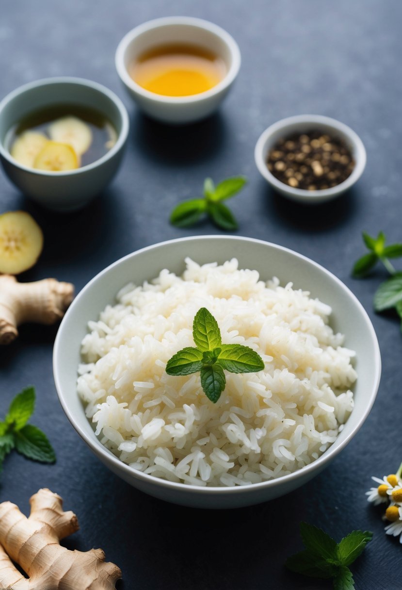 A bowl of steamed white rice surrounded by ginger, peppermint, and chamomile tea