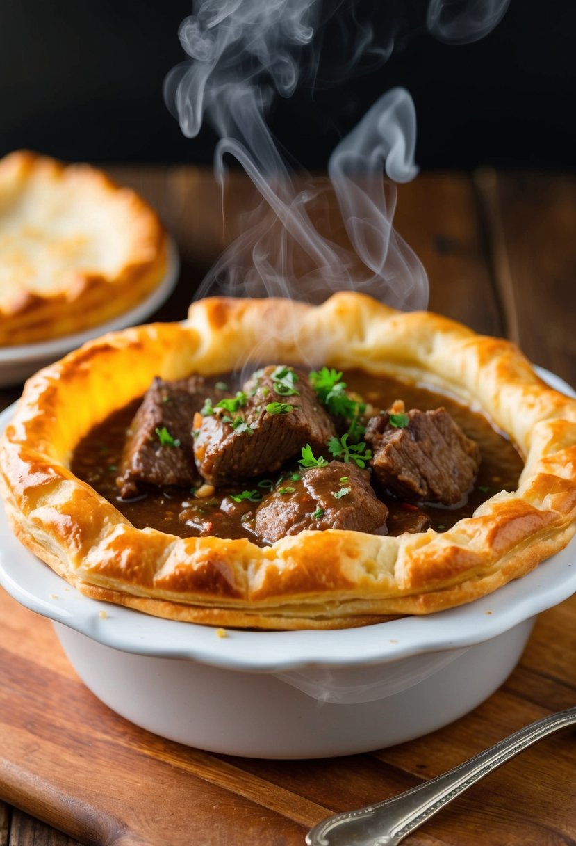 A golden-brown puff pastry pie filled with hearty beef stew, steam rising from the flaky crust