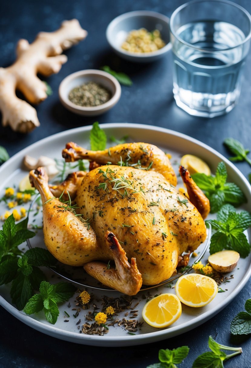 A platter of herbed baked chicken surrounded by ingredients like ginger, peppermint, and chamomile, with a glass of water on the side