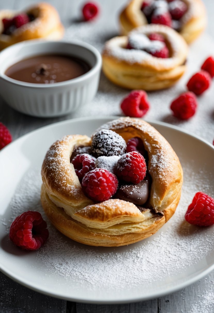 A golden puff pastry filled with raspberry and chocolate, topped with a sprinkling of powdered sugar