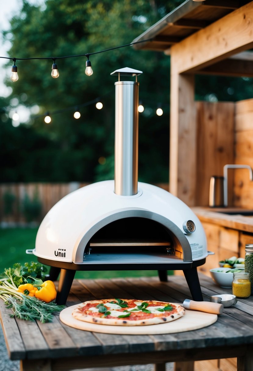 A rustic outdoor kitchen with a Uuni pizza oven, surrounded by fresh ingredients and a wooden pizza peel