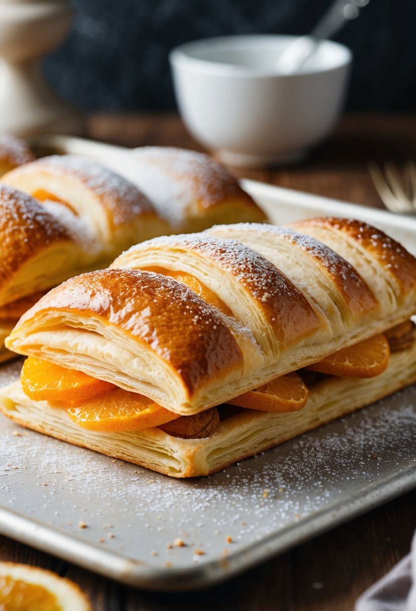 A golden-brown almond orange pithivier sits on a baking sheet, flaky puff pastry layers glistening with a sprinkle of powdered sugar