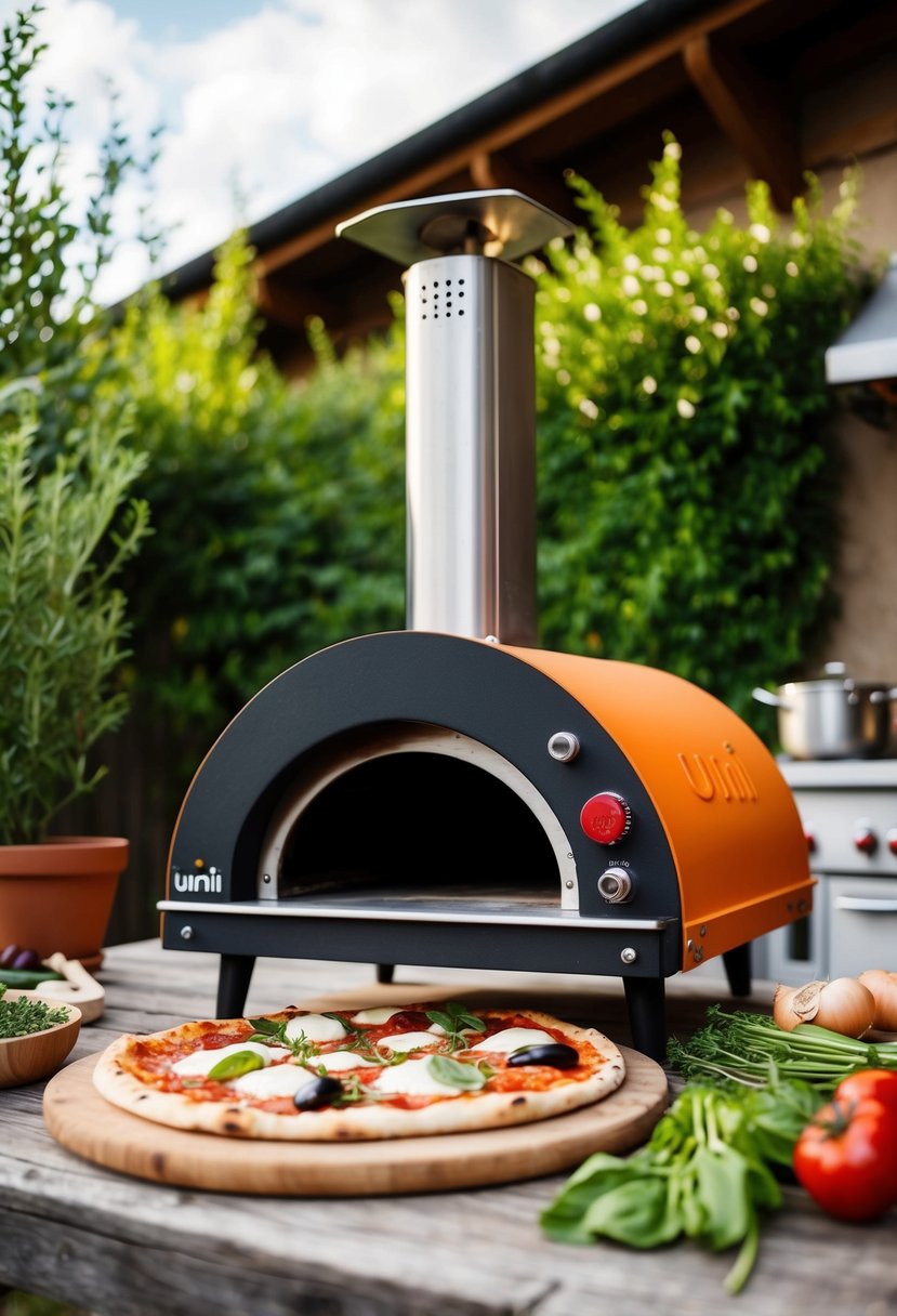 A rustic outdoor kitchen with a Uuni pizza oven, surrounded by fresh ingredients for a quick Margherita pizza