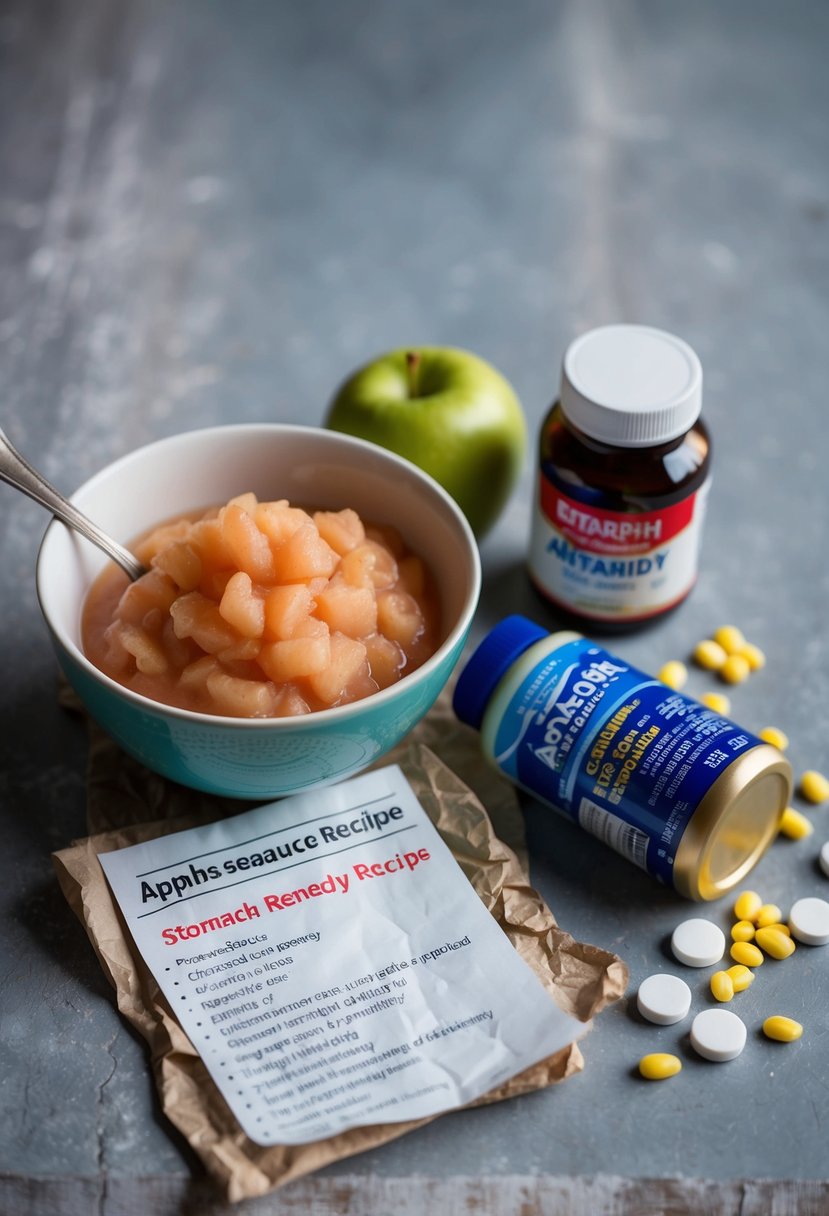 A bowl of applesauce next to a crumpled stomach remedy recipe, surrounded by scattered ingredients and a bottle of antacids