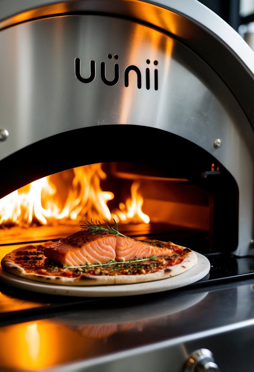 A salmon filet sizzling on a pizza stone inside a Uuni pizza oven, surrounded by flickering flames and the aroma of herbs and spices