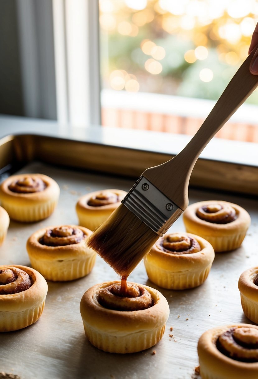 A pastry brush glazing mini cinnamon puff rolls on a baking sheet