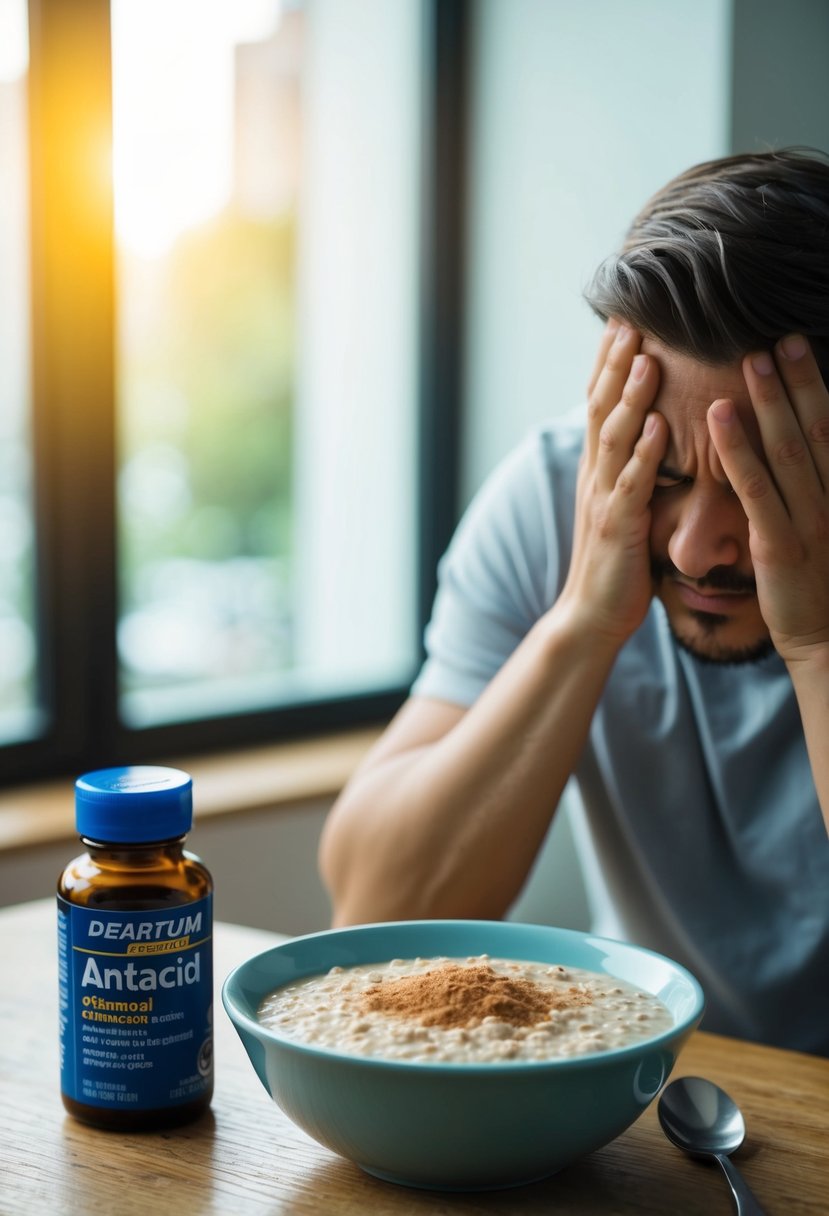 A bowl of oatmeal with cinnamon sits on a table, next to a bottle of antacid. A person grimaces in discomfort