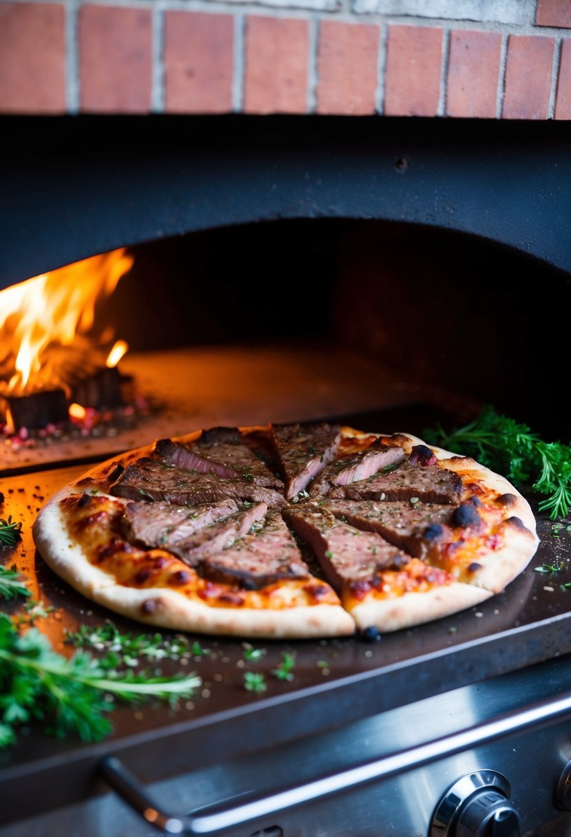 A sizzling steak pizza cooks in a wood-fired oven, surrounded by herbs and spices