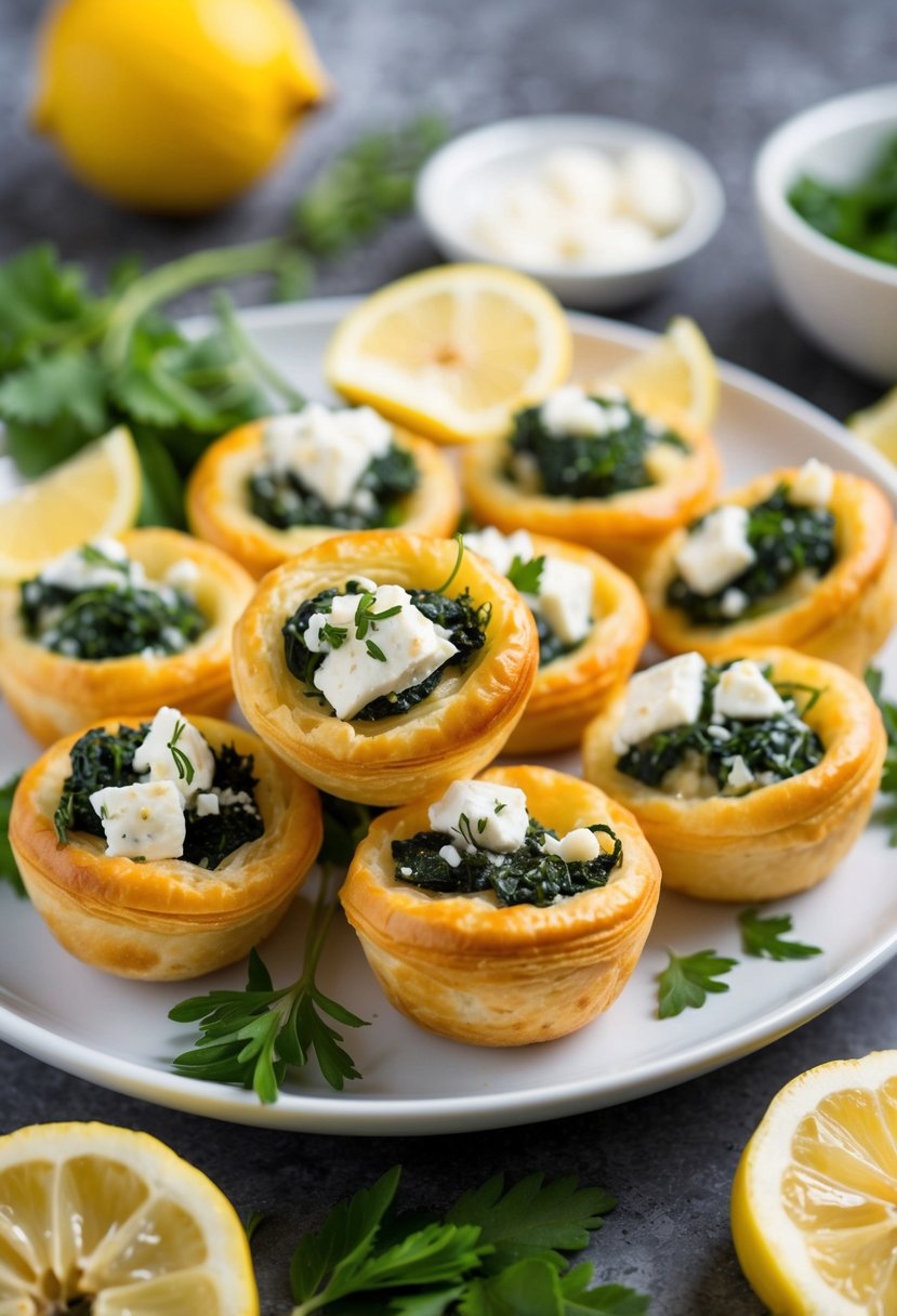 Golden puff pastry bites filled with spinach and feta, arranged on a serving platter with fresh herbs and lemon wedges