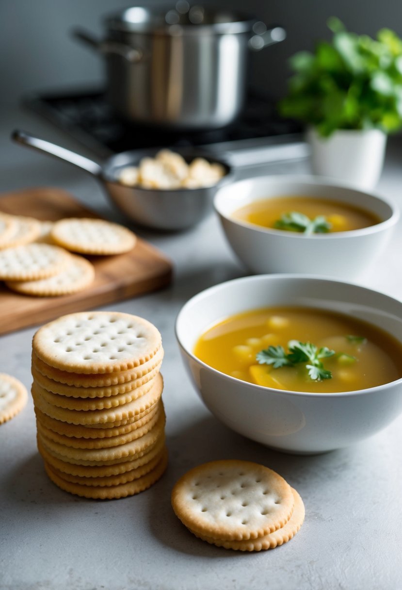 A stack of plain crackers next to a bowl of soothing soup on a kitchen counter