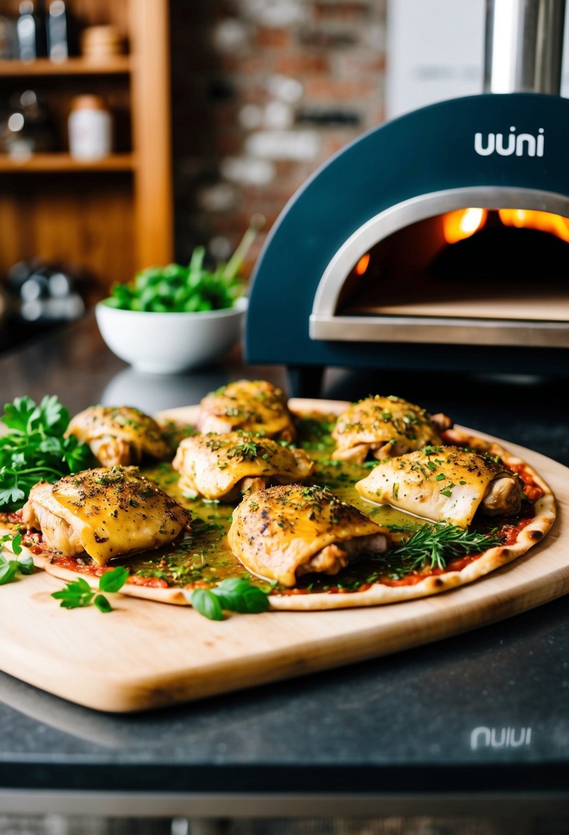 Chicken thighs marinating in herbs and spices, next to a Uuni pizza oven