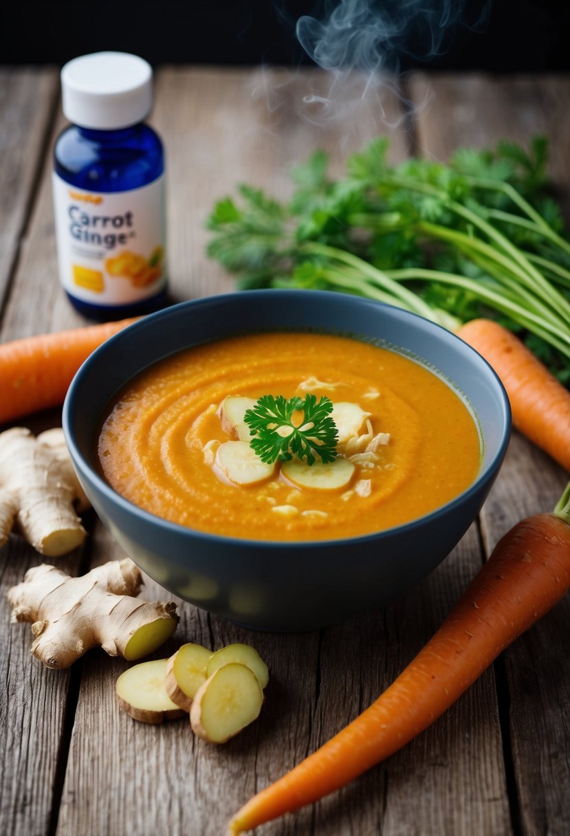 A steaming bowl of carrot ginger soup surrounded by ginger root, carrots, and a bottle of digestive enzymes