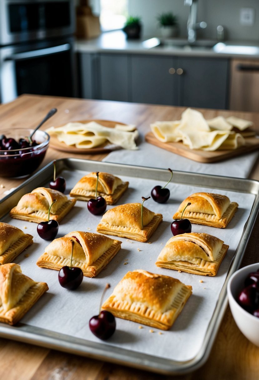 A kitchen counter with cherry turnovers on a baking sheet, puff pastry scraps, and a bowl of cherry filling