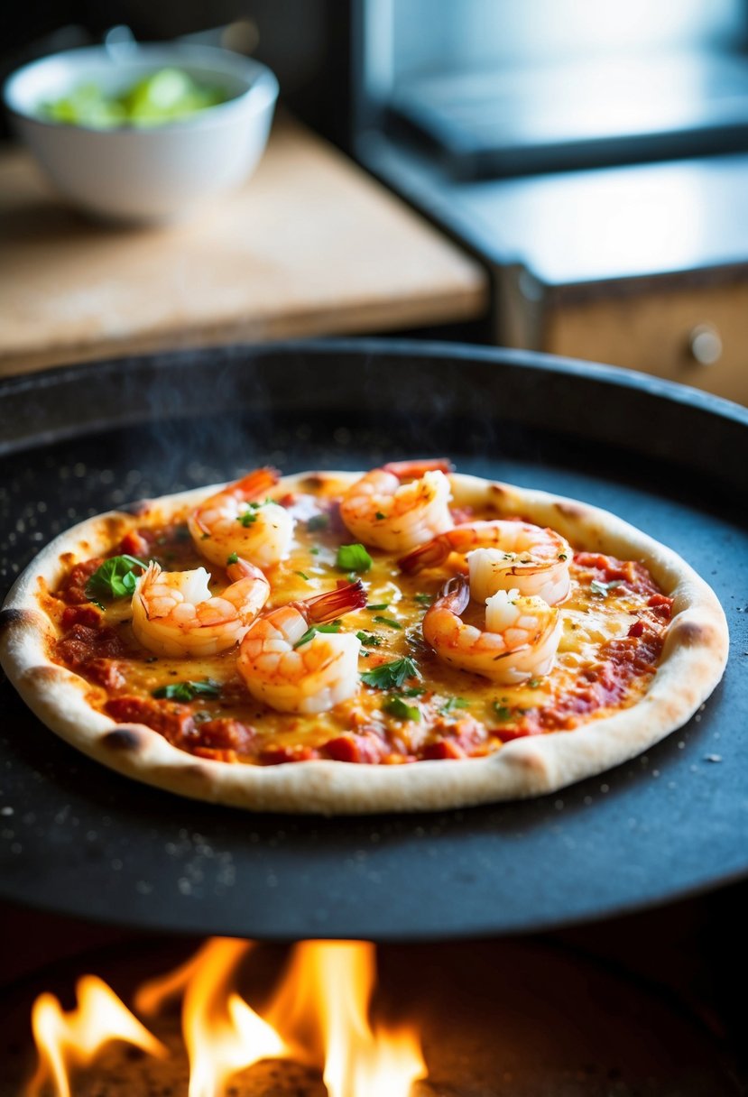 Marinated shrimp sizzling on a hot pizza stone in a wood-fired oven