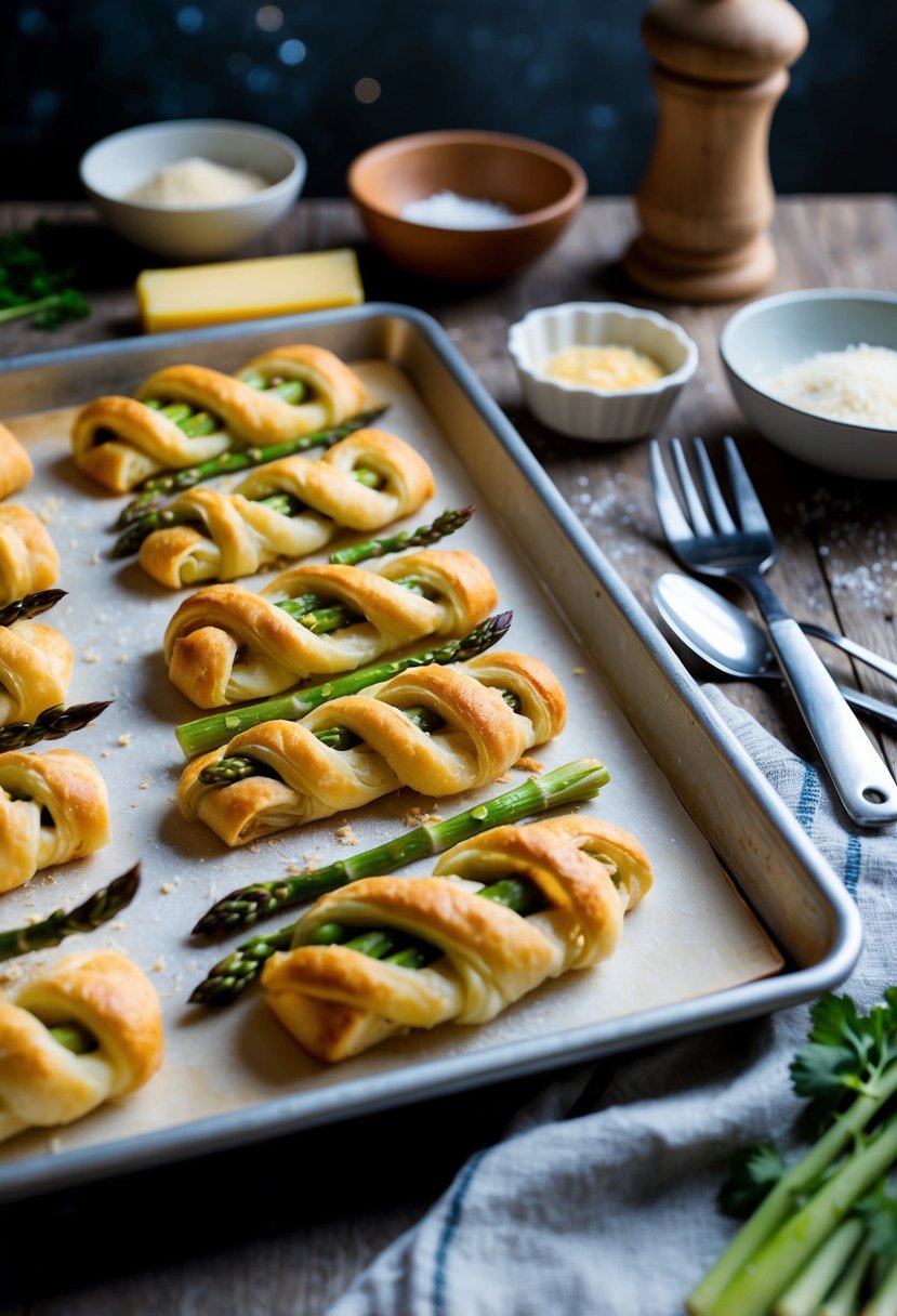 A baking sheet with Fontina Asparagus Twists on a puff pastry. Ingredients and utensils scattered around