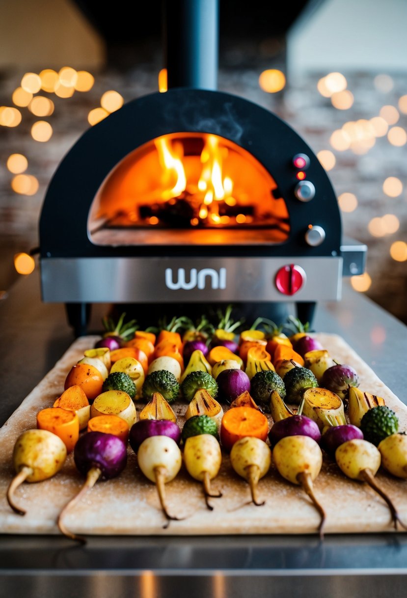 A colorful array of roasted root vegetables arranged on a pizza peel in front of a blazing Uuni pizza oven