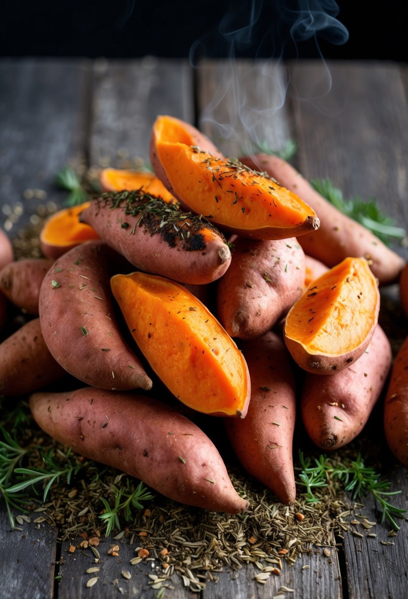 A pile of sweet potatoes surrounded by herbs and spices, with a few of them appearing slightly burnt, emitting a savory aroma