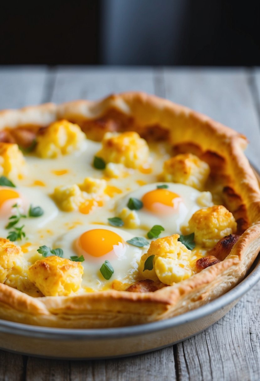 A golden-brown puff pastry tart filled with scrambled eggs and melted cheese, fresh out of the oven