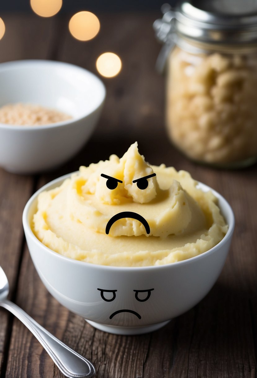 A bowl of plain mashed potatoes with a frowning face and a distressed stomach