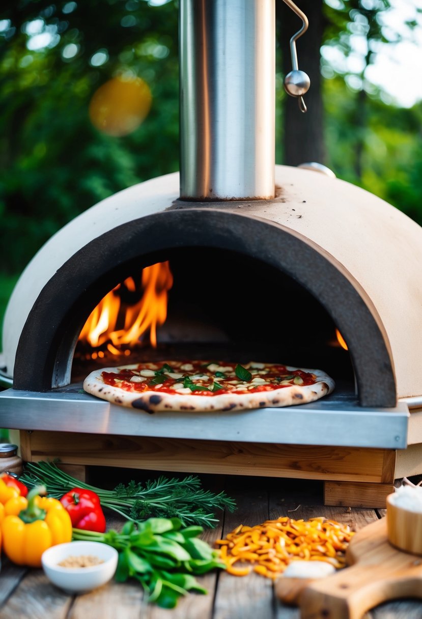 A rustic outdoor pizza oven surrounded by fresh ingredients and a wood-fired pizza cooking inside