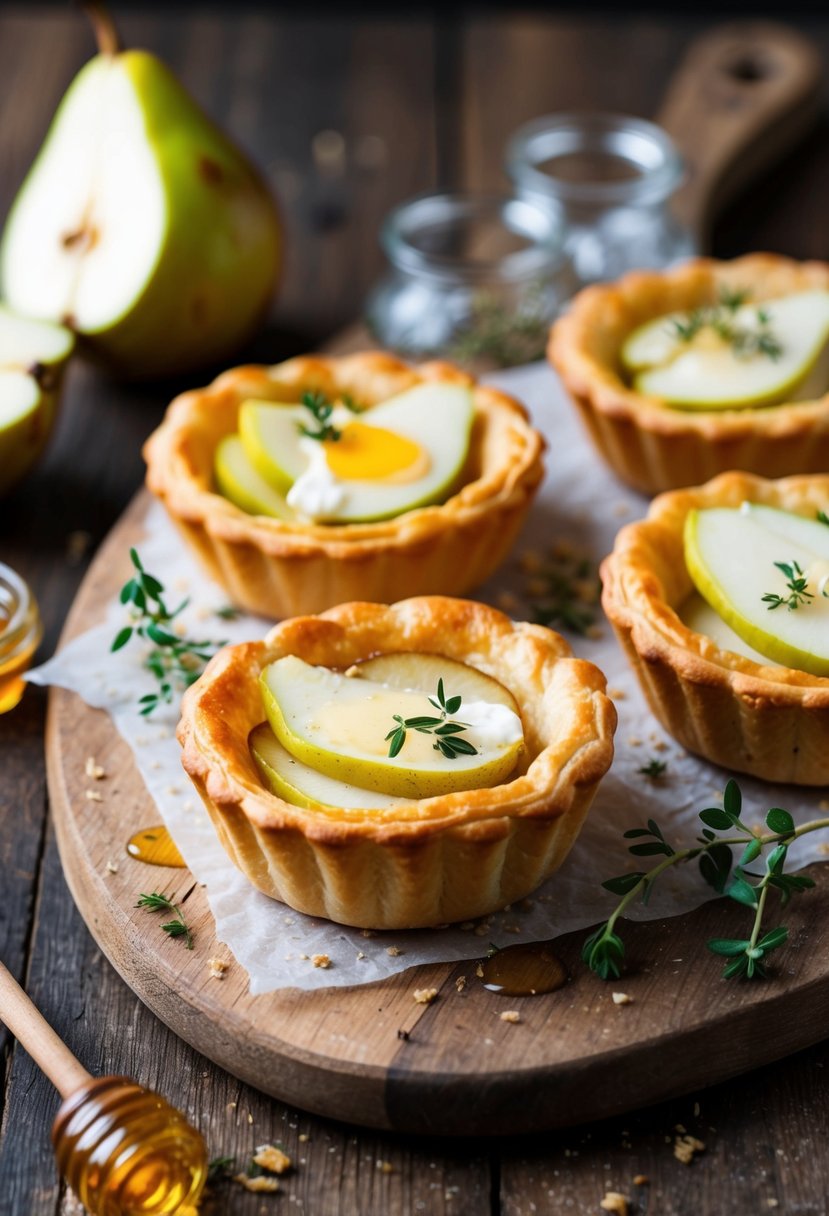 Golden puff pastry tartlets filled with sliced pears and melted brie, sprinkled with thyme and honey, on a rustic wooden board