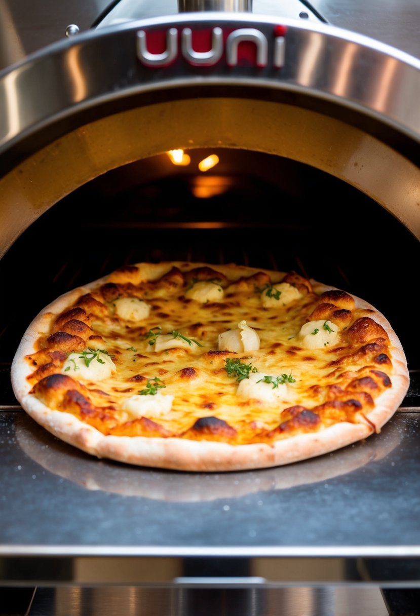 A golden-brown cheesy garlic bread pizza emerges from the Uuni pizza oven, bubbling with melted cheese and aromatic garlic