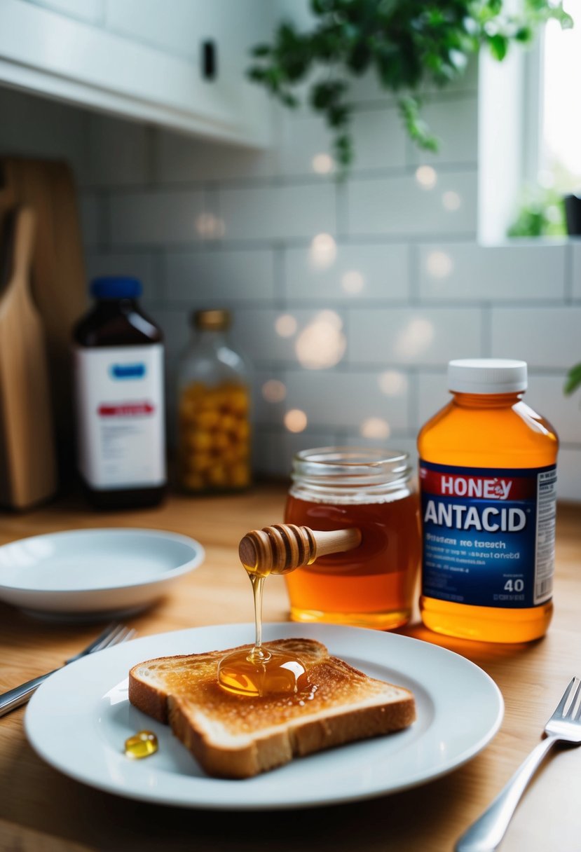 A plate with toast and honey, a jar of honey, and a bottle of antacid on a kitchen counter