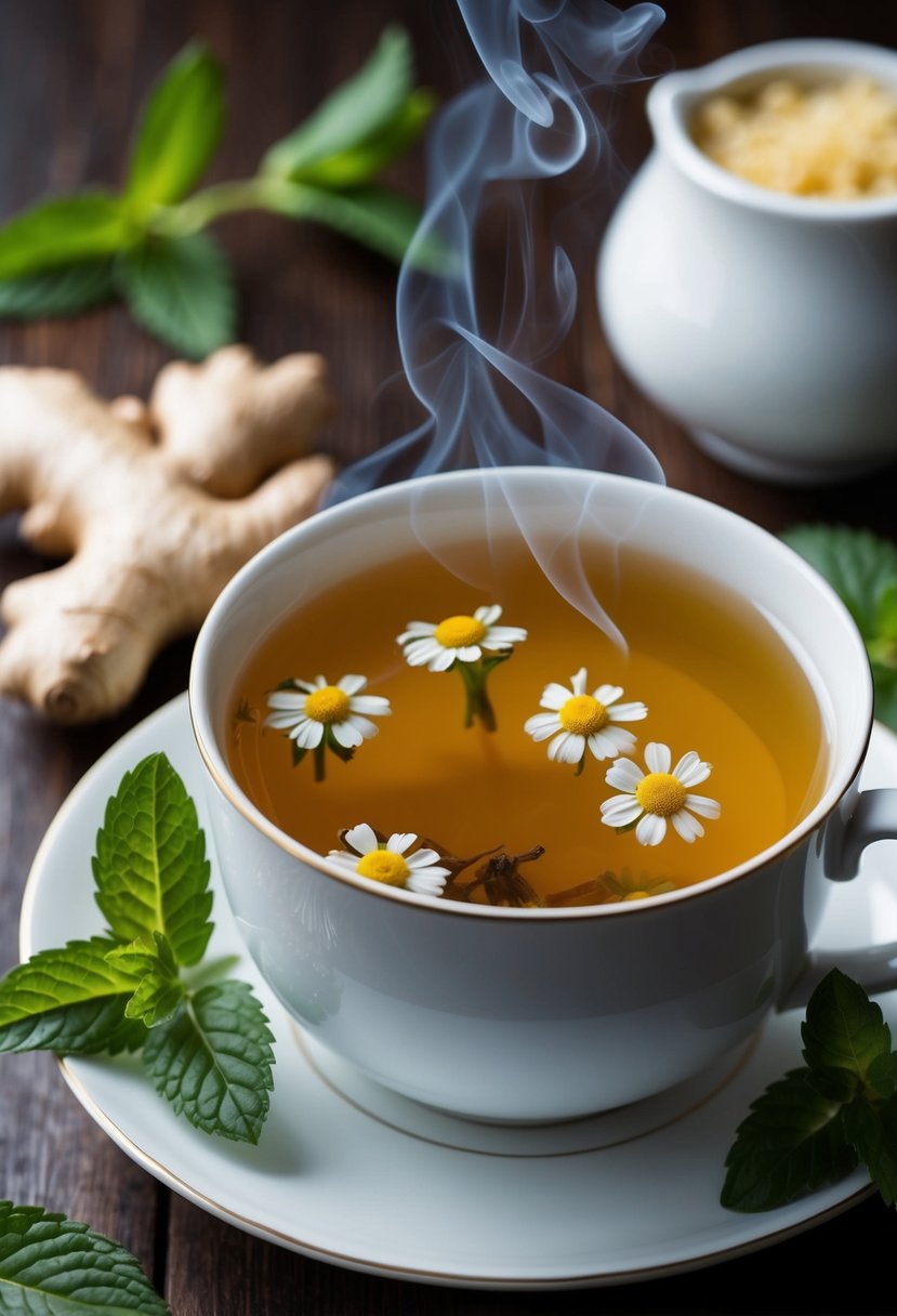 A steaming cup of chamomile tea surrounded by soothing ingredients like ginger and peppermint leaves