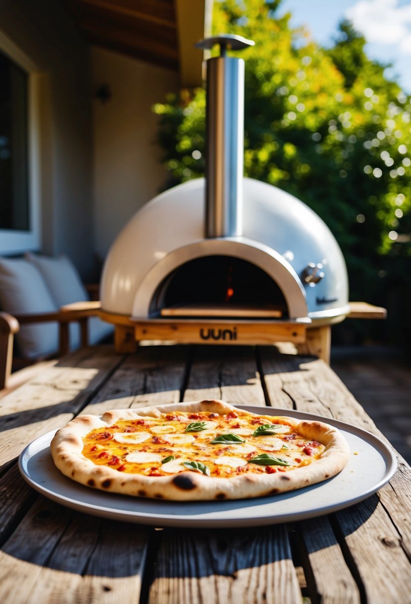 A rustic wooden table with freshly baked naan bread and a Uuni pizza oven on a sunny patio