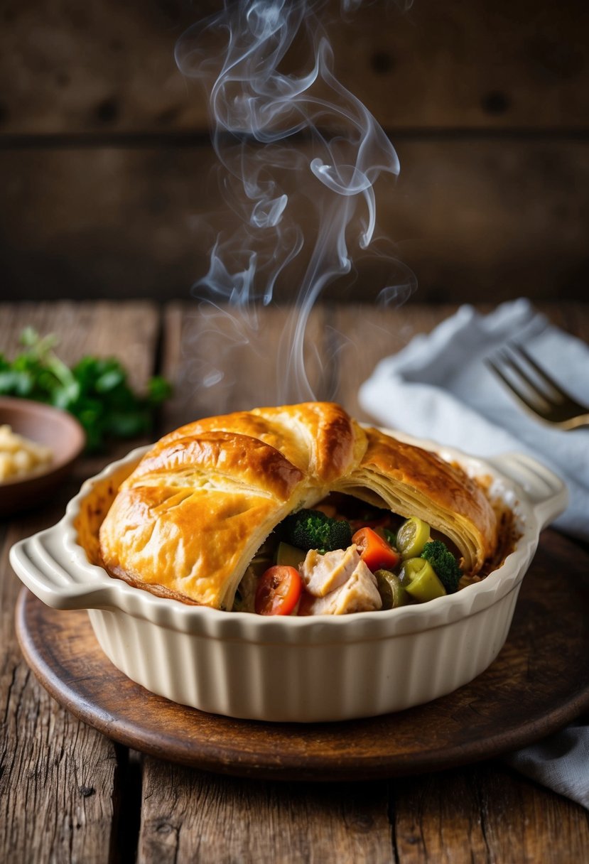 A golden-brown puff pastry encases a steaming chicken and vegetable filling in a ceramic pie dish on a rustic wooden table