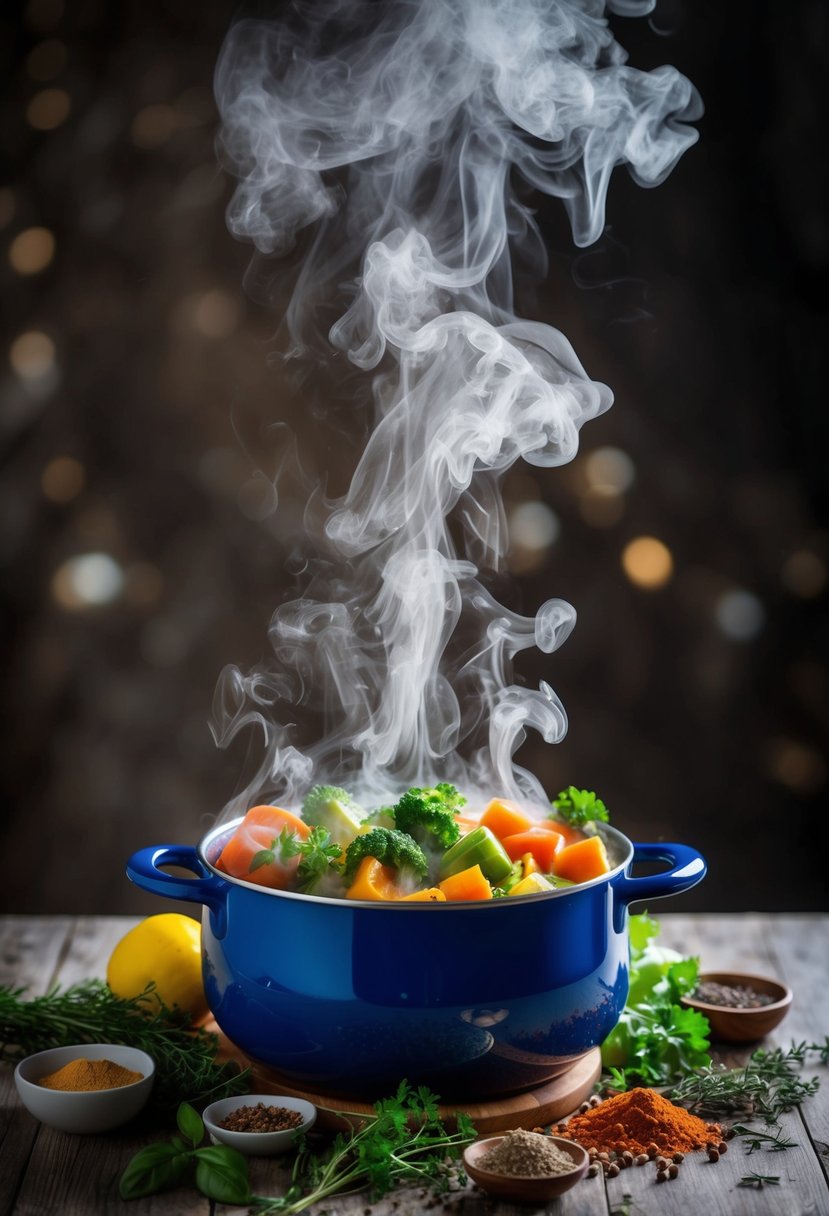 A pot of boiling vegetables emitting steam, surrounded by a variety of herbs and spices