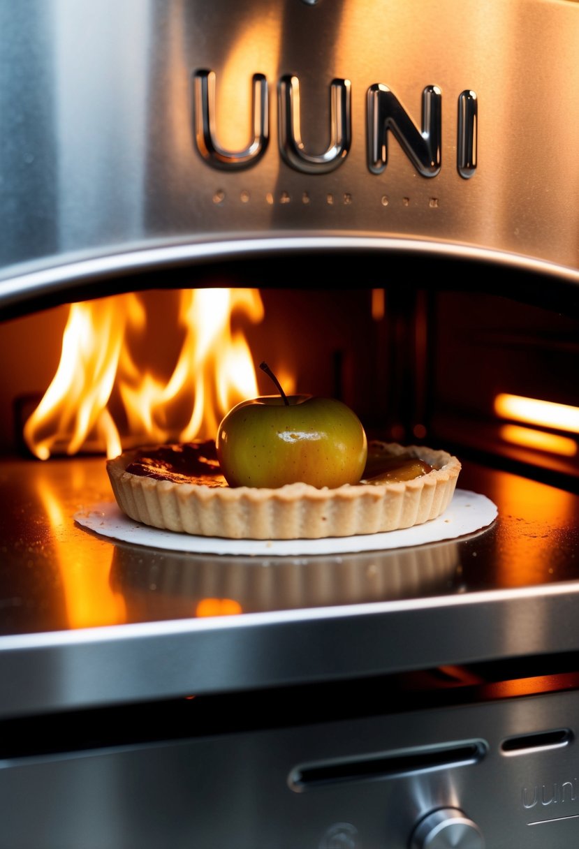 A caramel apple tart bakes in a Uuni pizza oven, surrounded by the warm glow of the flames and the scent of sweet caramelizing fruit