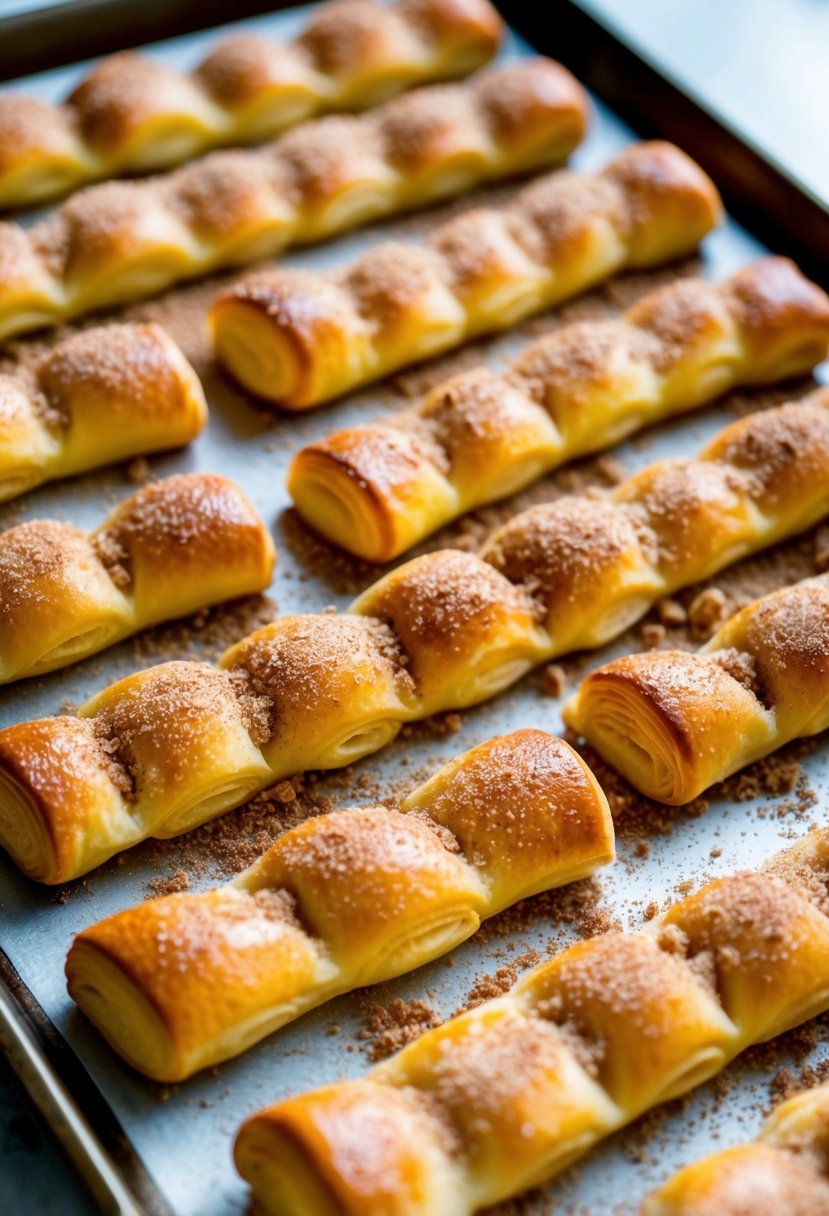 Golden pastry sticks sprinkled with cinnamon sugar, arranged on a baking sheet