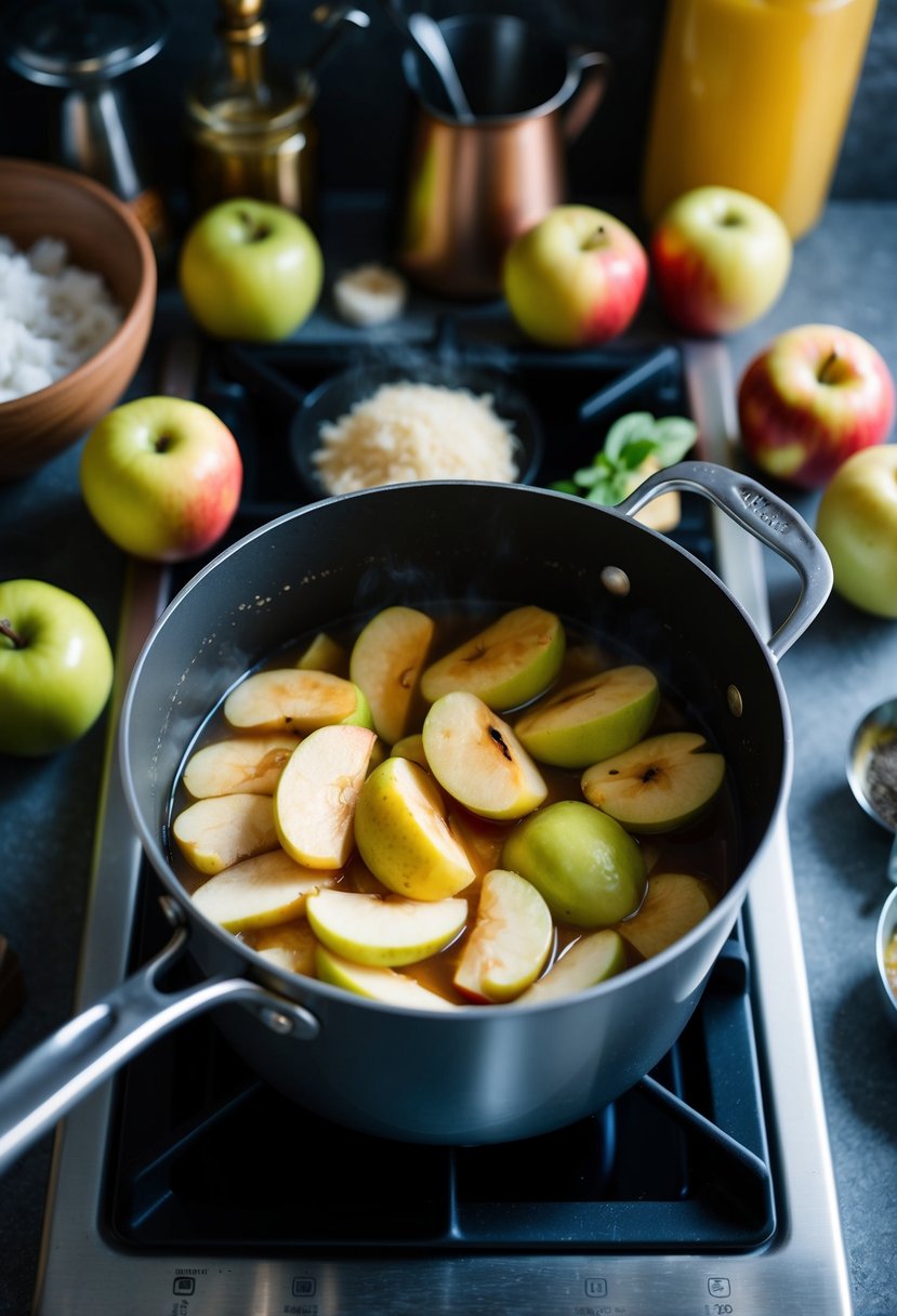 A pot of peeled and cooked apples simmering on a stove, surrounded by various ingredients and cooking utensils